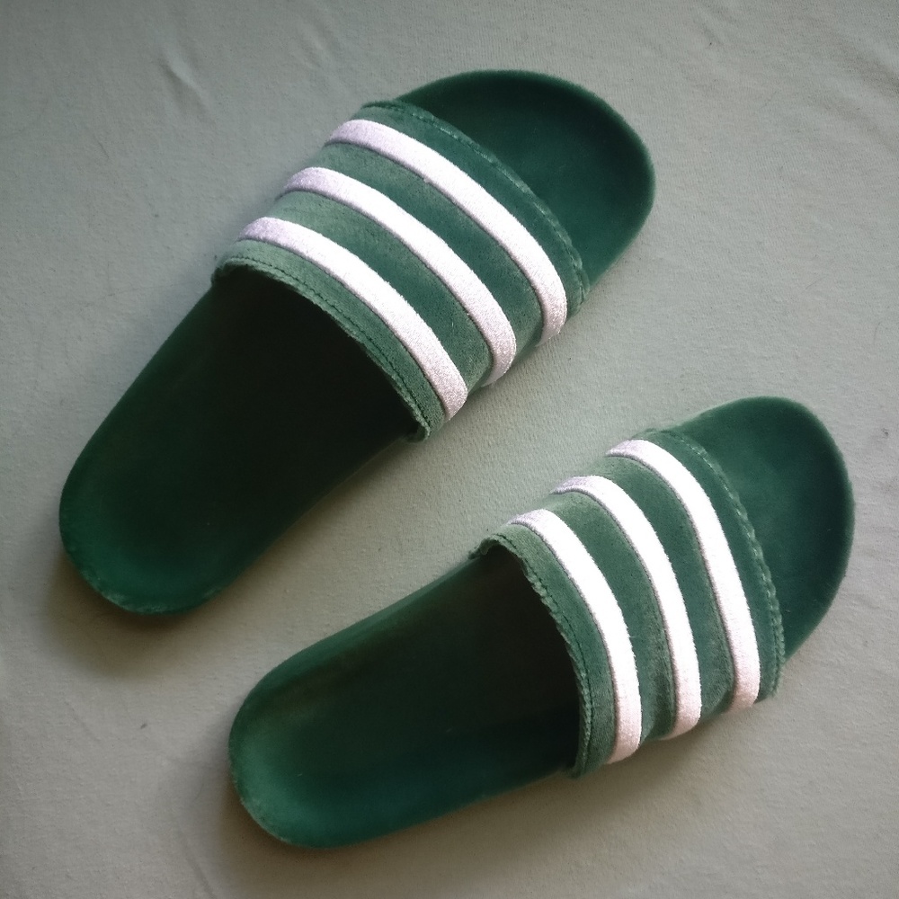Green Adidas adilette velvet velour slides M9 W10
